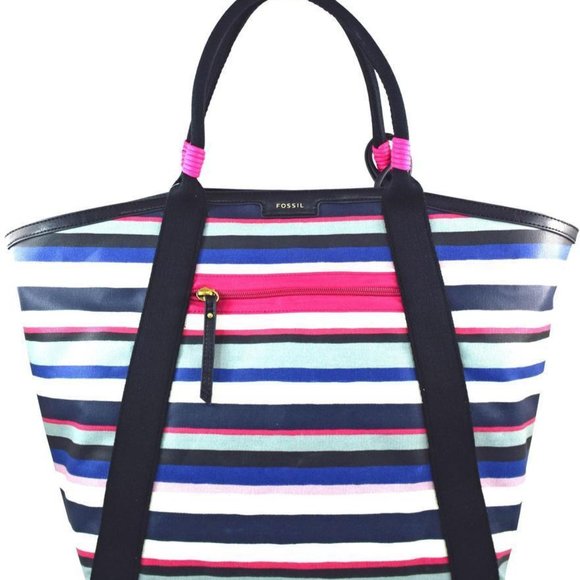 FOSSIL-Eliza Beach Tote-Bold Stripes-Coated Canvas-Separate Pouch-NEW WITH TAG - Picture 1 of 5